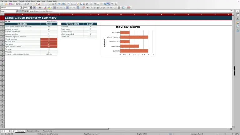 Preview of Lease Clause Inventory Spreadsheet for Excel