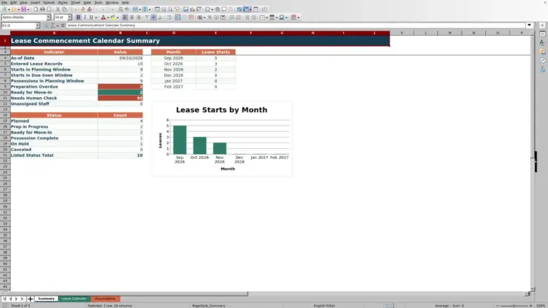 Preview of Lease Commencement Calendar Template for Excel