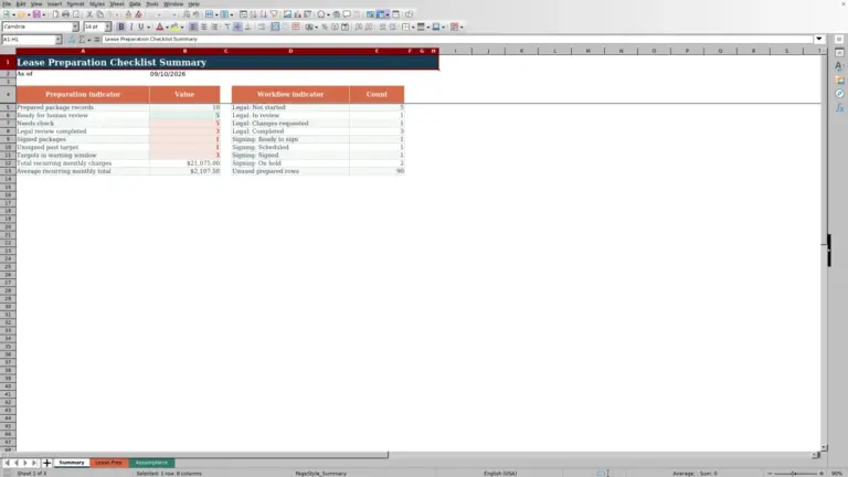 Preview of Lease Preparation Checklist Excel Workbook