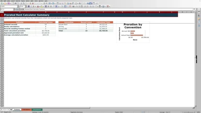 Preview of Prorated Rent Calculator Spreadsheet for Excel