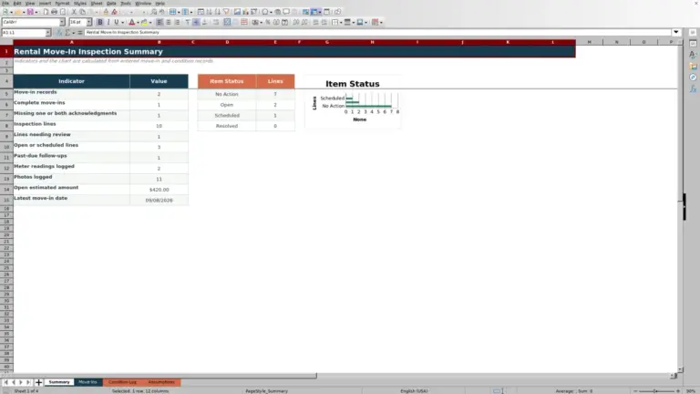 Preview of Rental Move-In Inspection Spreadsheet for Excel