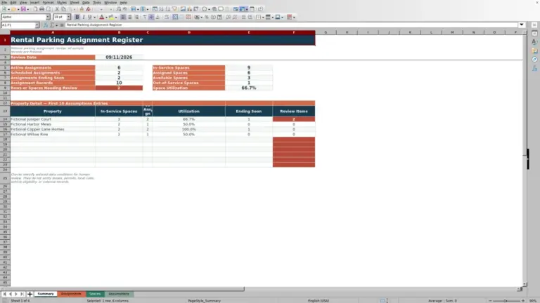 Preview of Rental Parking Assignment Register Excel Workbook