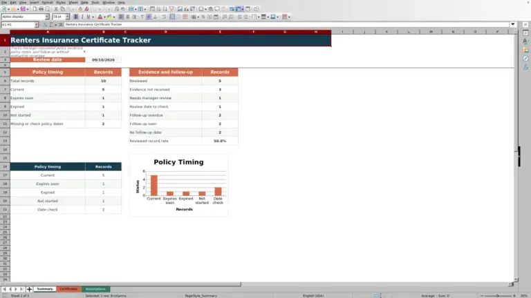 Preview of Renters Insurance Certificate Tracker for Excel