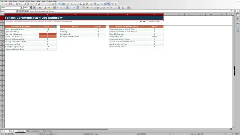 Preview of Tenant Communication Log Spreadsheet for Excel