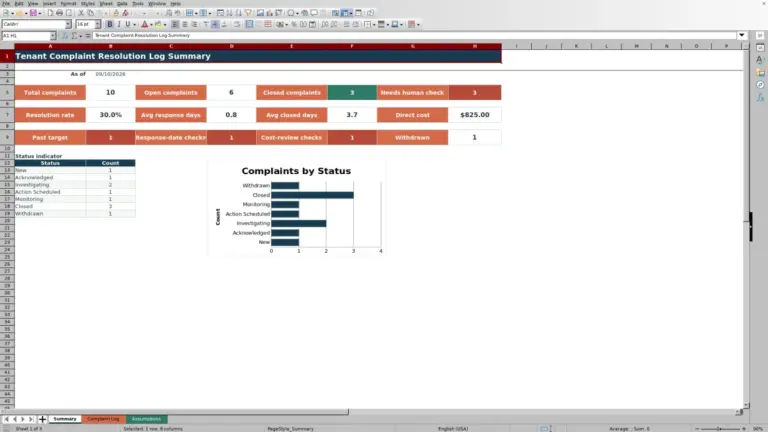 Preview of Tenant Complaint Resolution Log Excel Template
